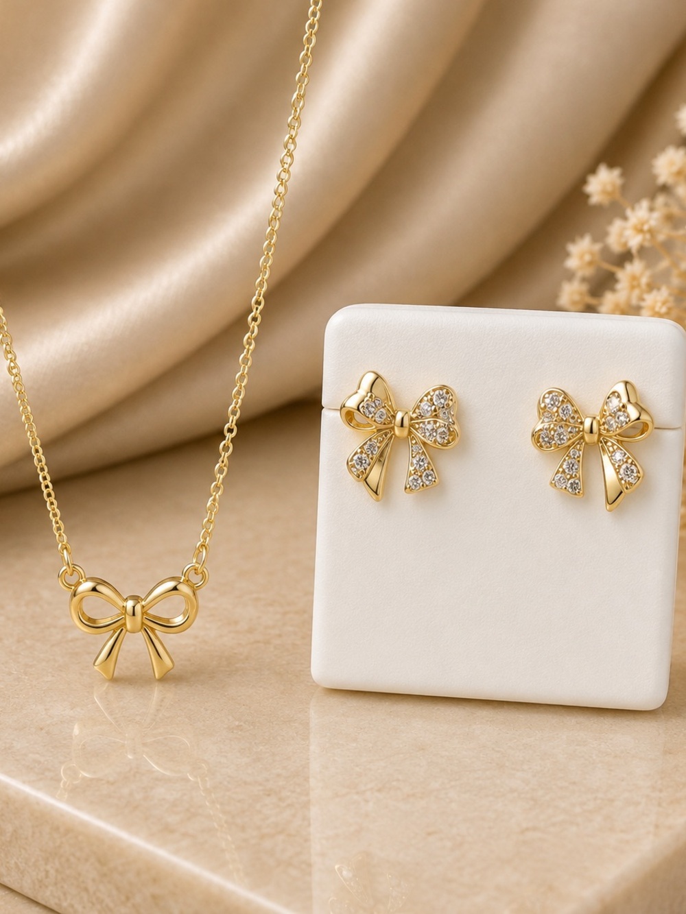 14K Gold Filled Bow Pendant Necklace and Screw Back Stud Earrings Set - Stamped